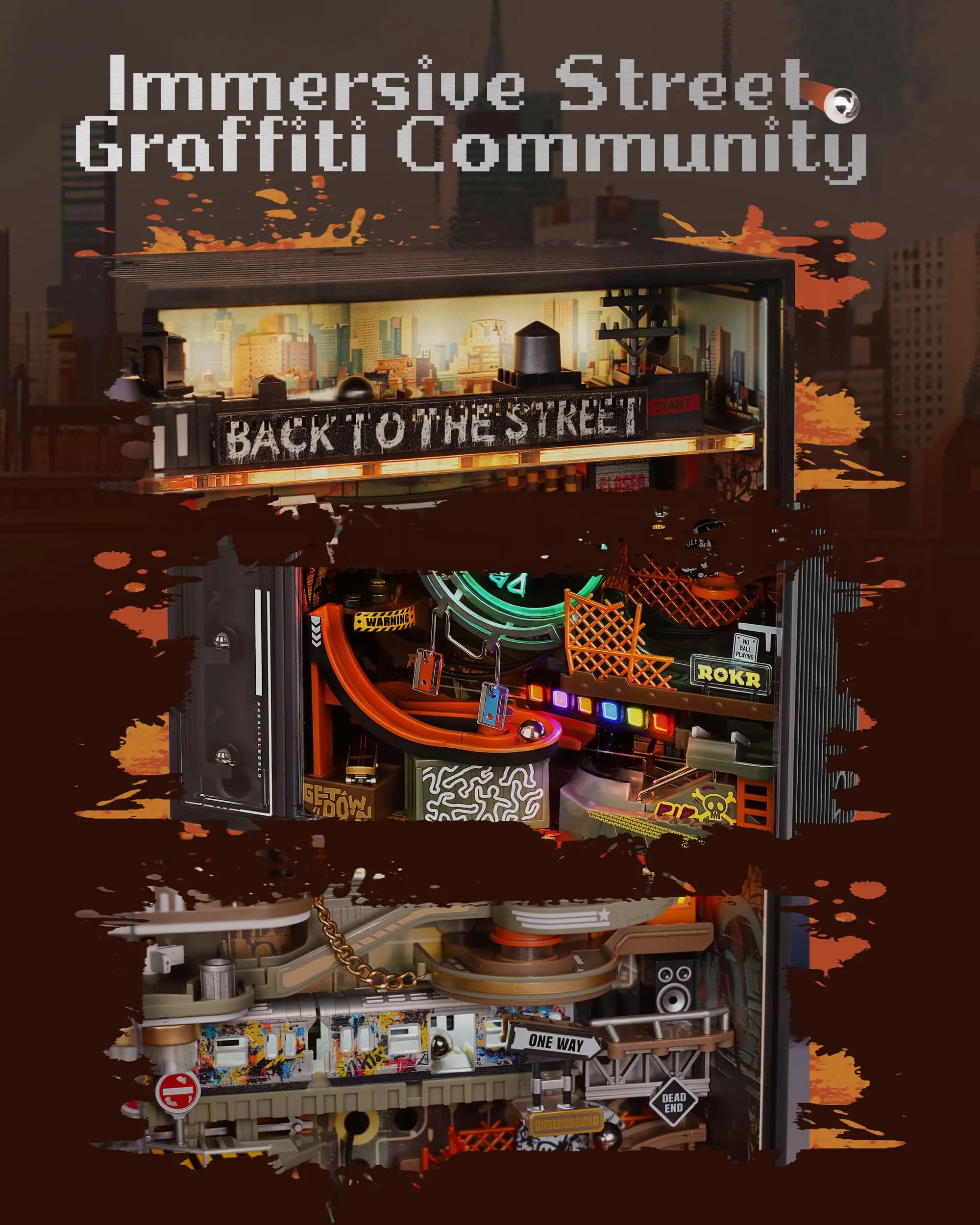 Rokr Hip Hop Street Marble Run Mechanical 3D Puzzle Gaming Decoration Automatic Futuristic Marble Run Cyberpunk Gift for Men