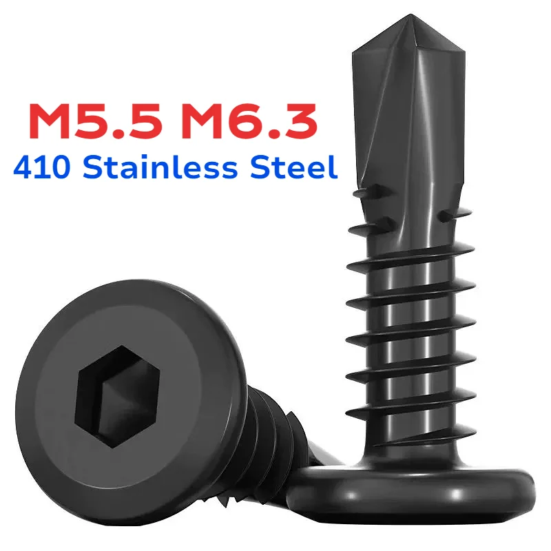 M5.5 M6.3 Black 410 Stainless Steel Flat Head Hex Socket Self Drilling Screw Self Tapping Sheet Metal Screw Drilling Tail Bolt