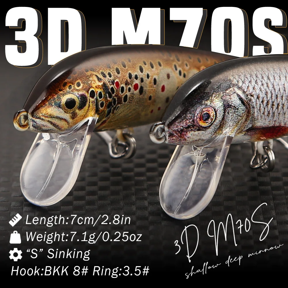 B&U Sinking Minnow Fishing Lures, 3D Lifelike Long Casting Hard Bait with Treble Hooks for Freshwater Saltwater Bass Trout Pike - view 2