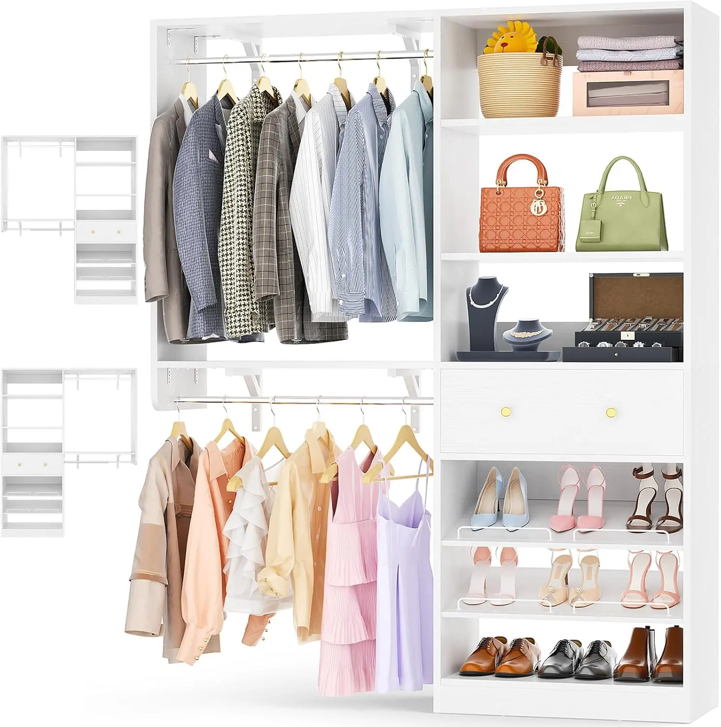 Closet System With Drawer - Reversible 5Ft Wood Closet Organizer System With 2 Hanging Rods And Adjustable Shelf, Walk In