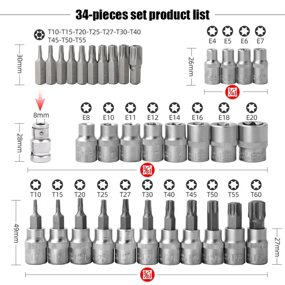 Professional 34pcs Torx Bit Socket & E-Torx Star Socket Set 1/4