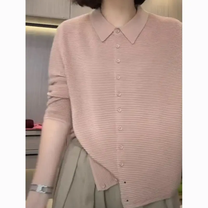 

Spring and Autumn New Polo Collar Solid Color Knitted Cardigan for Women Loose and Slim Versatile Long Sleeve Bottom Casual Top