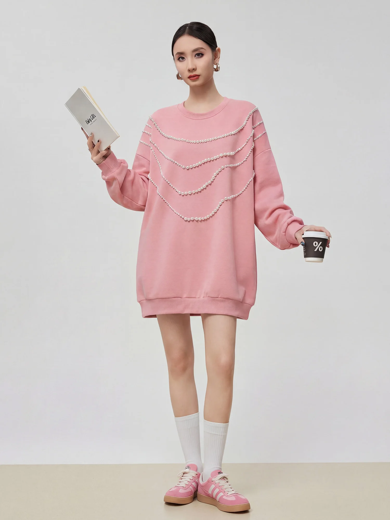 

Розовый свитер с обильной отделкой, круглой горловиной, свободного кроя, в стиле H-Line, миди, из полиэфирного волокна, для весеннего сезона.