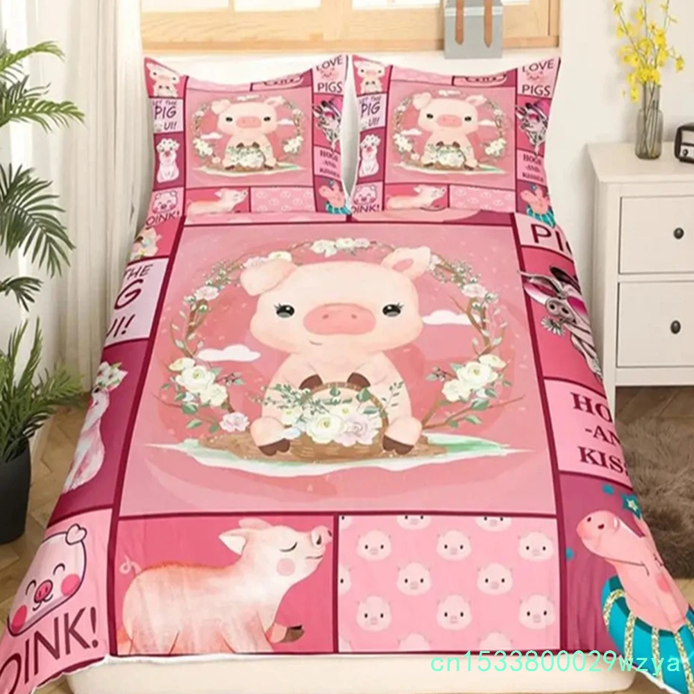 Juego de Funda de Edredón con Diseño de Cerdito Adorable de Dibujos Animados, Juego de Ropa de Cama Kawaii con Temática de Animales de Granja, Funda de Edredón y Funda de Almohada de Microfibra Tamaño King