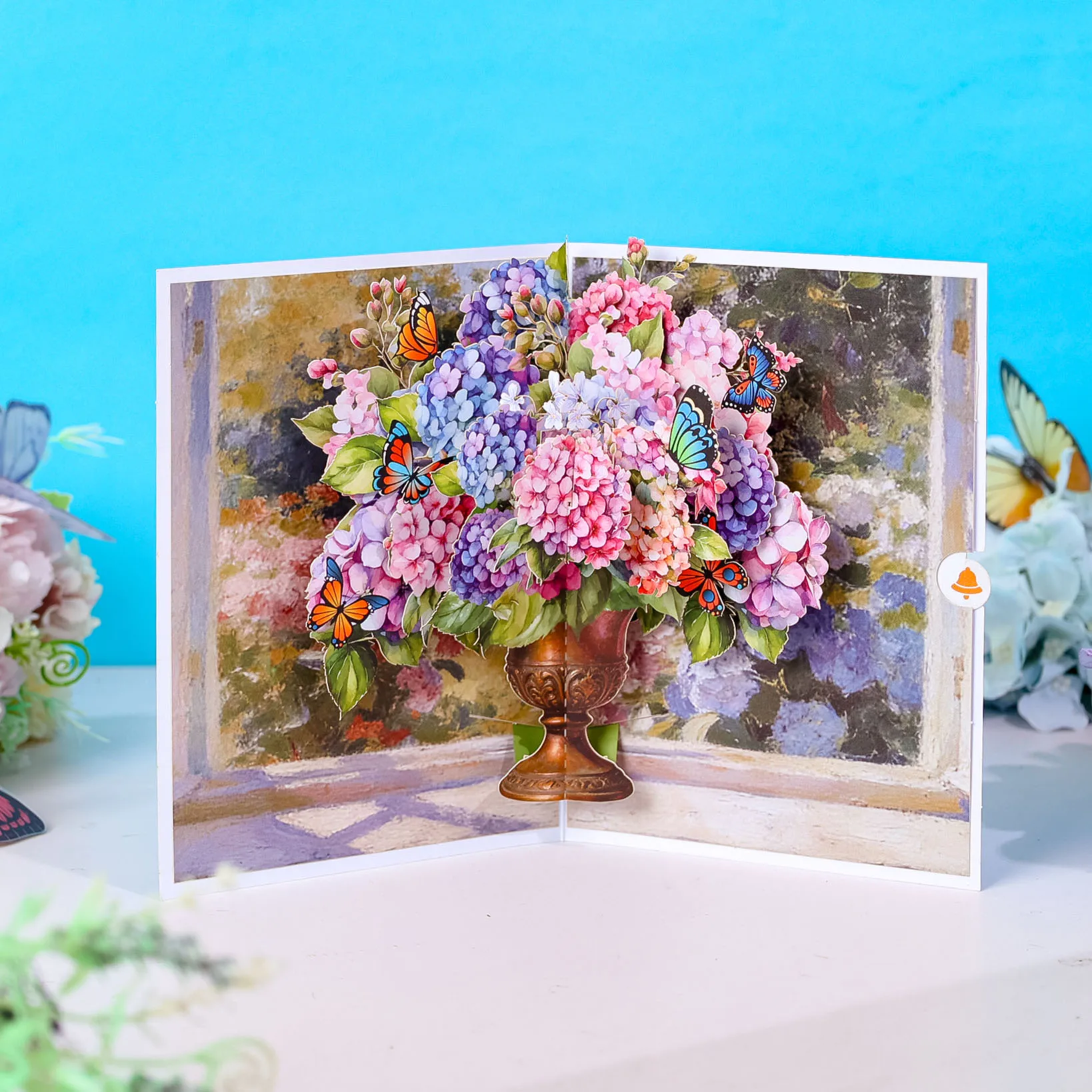 3D-Grußkarte mit Hortensienstrauß-Motiv, geeignet für Geburtstage, Jubiläen und andere Anlässe