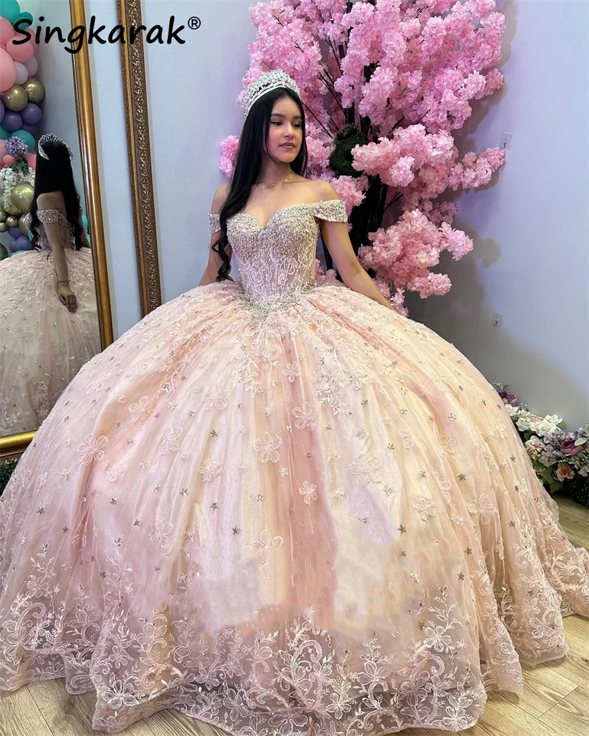 Flowers Pink Princess Quinceanera Dress 2024 Off Shoulder Crystals Beads Appliques Luxury Tull Sweet 16 Vestidos Customized 