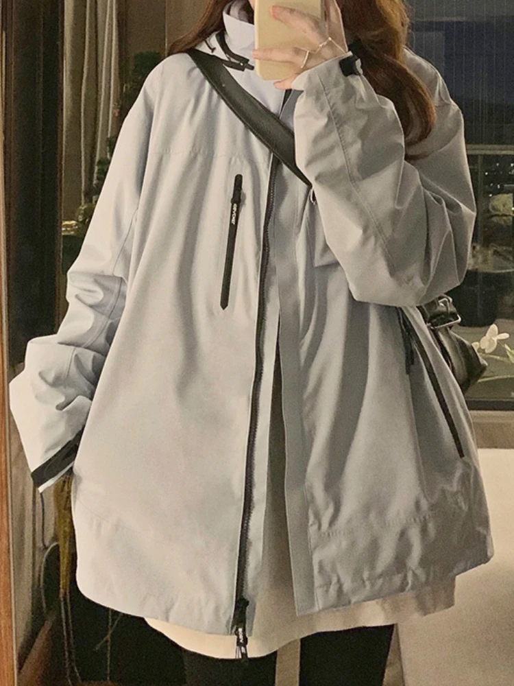 

Autumn Grey Harajuku Vintage Jackets Women Pockets Korean Fashion Loose Overcoat Female Button Long Sleeve Streetwear Coat 2023