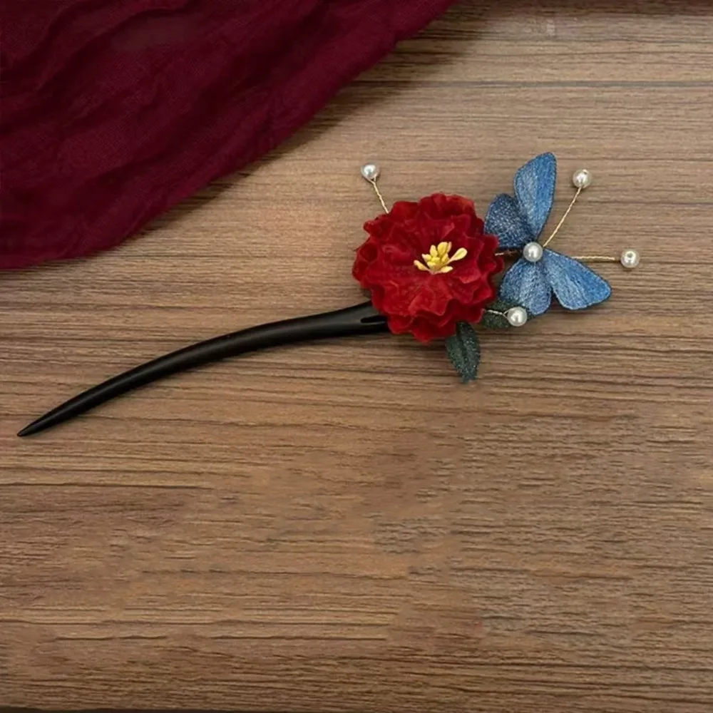 

Заколка для волос с кисточкой и красным цветком, новая заколка для волос в китайском стиле с жемчугом Hanfu, ретро антикварная деревянная палочка для волос, аксессуары Cheongsam