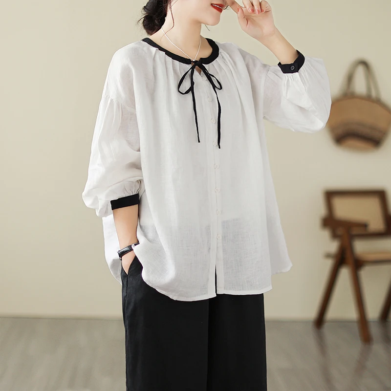 

Loose Cotton Linen irt Women's Lantern Sve irt Color Blo Design Slimming Lazy Sle Top for Autumn Season