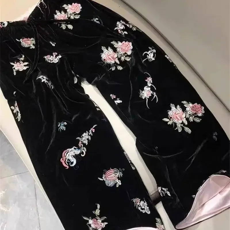 

Chinese Style Straight Womens Pants Black Floral Velvet Trouser Autumn Winter Vintage Soft Long Y2k Pants Woman