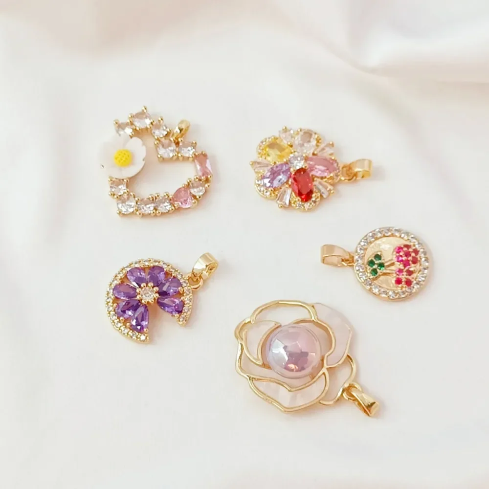 14K Gold Plated Zircon Inlaid Small Daisy Peach Blossom Cherry Pendant, DIY Handmade Bracelet Pendant