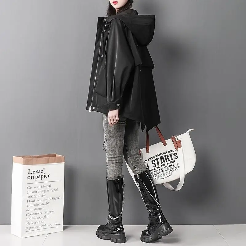 Autumn Mid-length Trench Coat Womens Hooded Jacket Loose Coats for Women Luxury Zip Windbreaker Clothes Mujer Black Khaki Trend