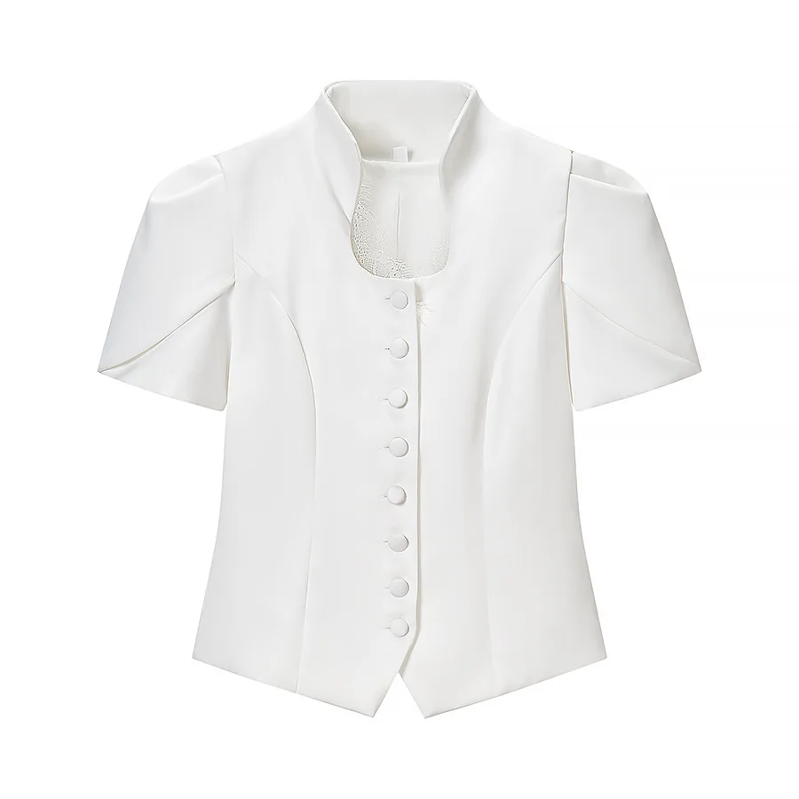 European and American clothing 2026 new summer style temperament fashionable design lace splicing short-sleeved shirt suit top