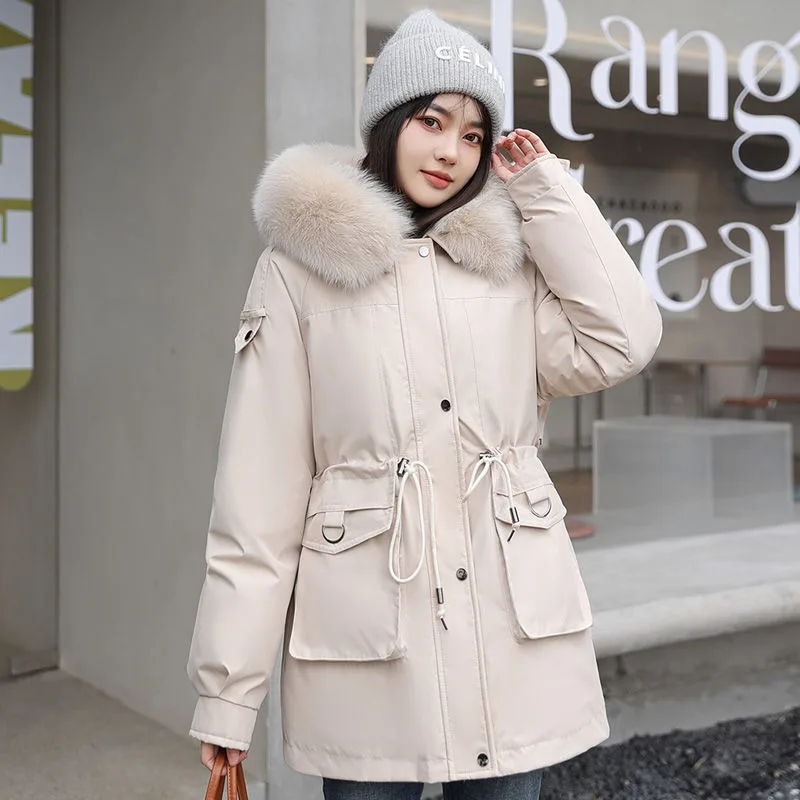 

2023 New Women Down Cotton Coat Winter Jacket Mid Length Version Parkas Loose Large Size Thick Warm Outwear Fur Collar Overcoat