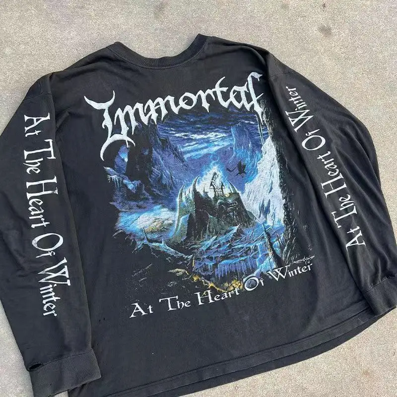 

Y2k Harajuku Retro Band T-Shirt Printed Pattern T-Shirt Streetwear Winter Cotton Long Sleeves Washed Black Top Unisex Clothing