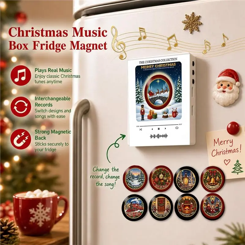 ABHU Xmas Night Light Magnetic Music Fridge Magnet Christmas Touch To Play Vinyl Record Player Built-In LED Fridge Magnet