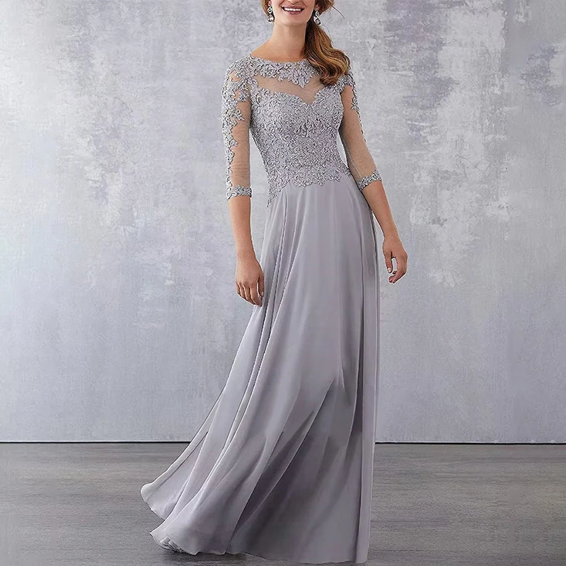 فستان سهرة نسائي بلون الشمبانيا مع خط عنق وهمي ثلاثة - أكمام دانتيل ربع فستان أم العروس لحفلات الزفاف #5