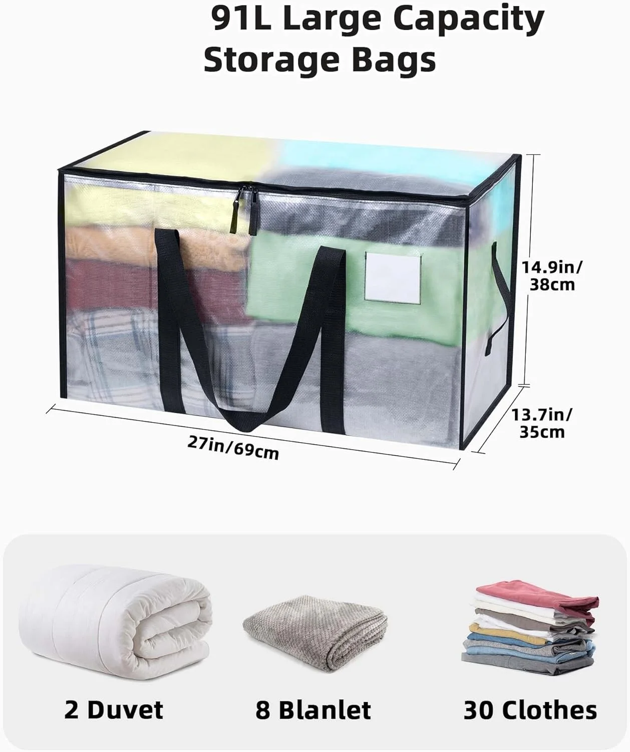 Clear Clothes Storage Bags, 91L Heavy Duty Moving Bag,Transparent Large Wardrobe Organiser Packing Bags with Zips Lids for Duvet