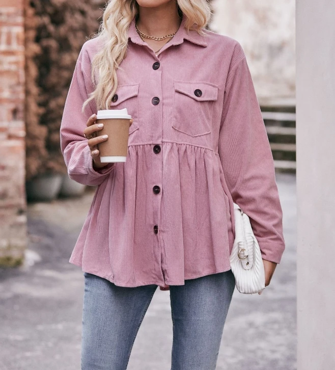 

Casual doll shirt corduroy solid color shirt women's fashion top 2024 autumn new women's clothing, shipped within 48 hours