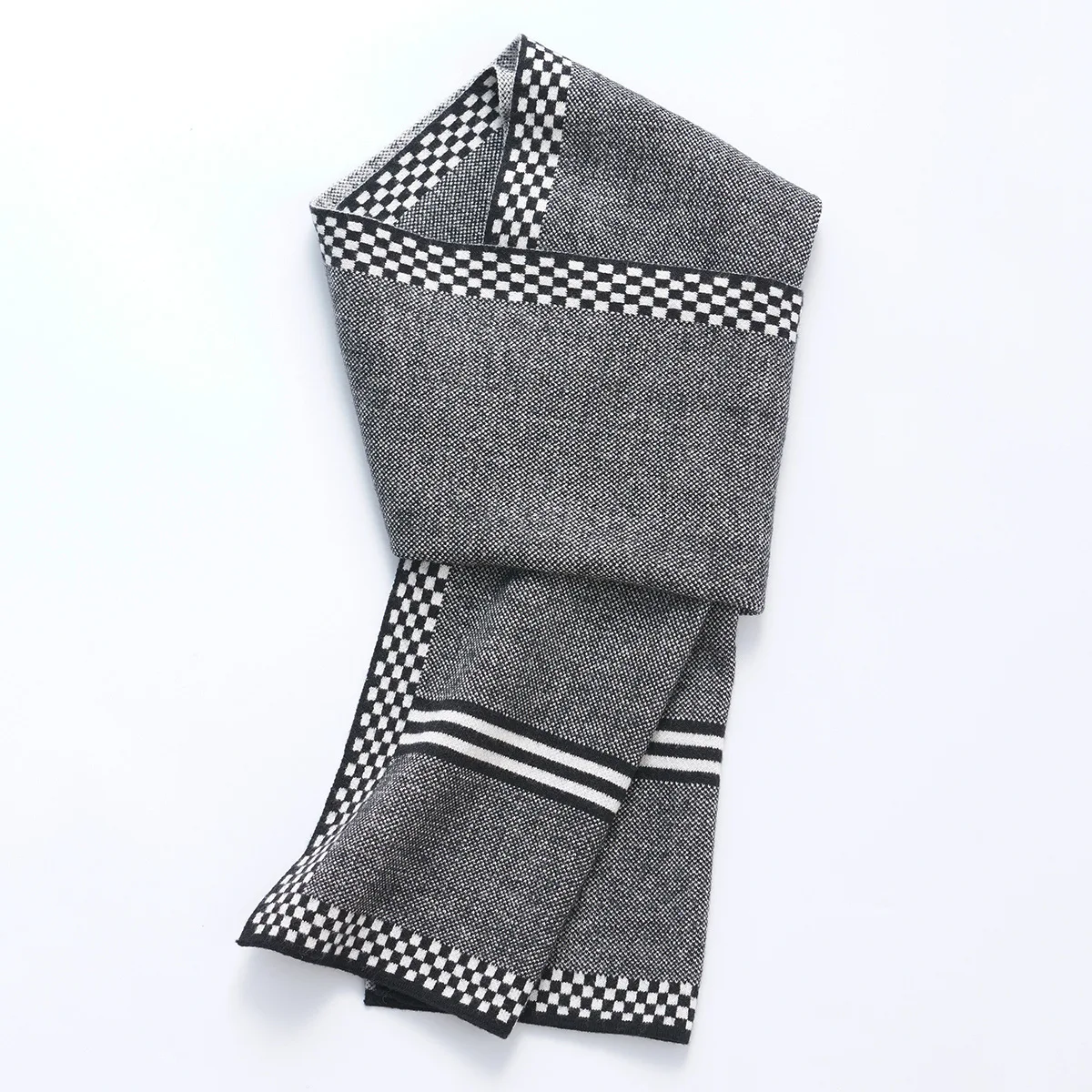 Black And White Checkerboard Pattern Men's Knitted Scarf Imitation Rabbit Hair Thickened Warm Scarf NewAutumn And Winter Scarves