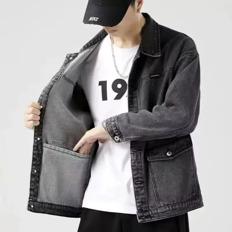 Spring Autumn Men's Denim Jacket Loose Multi-Pocket Wear-Resistant Large Size Workwear Jeans Coat Casual Style Cotton Material