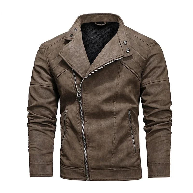 Mens Fashion New Biker PU Jackets Slim Overcoat Military Leather Jacket Men Winter Fleece Warm Diagonal Zipper Motorcycle Coats