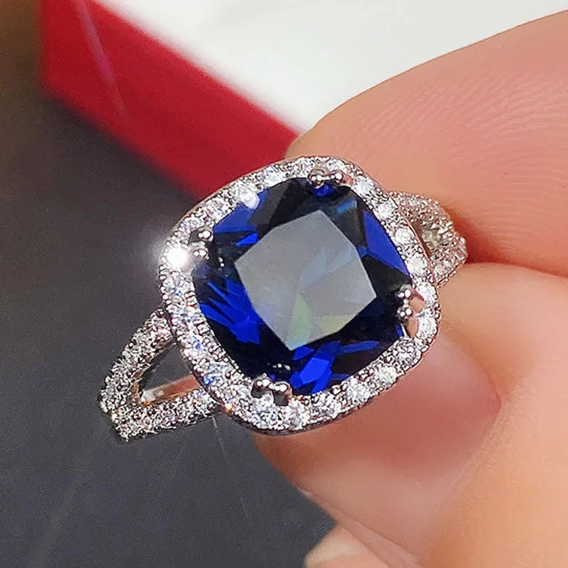 4pcs Creative Women Imitation Sapphire Jewelry Set Crystal Cute Square Retro Necklace Earring Ring for Women Wedding Jewelry