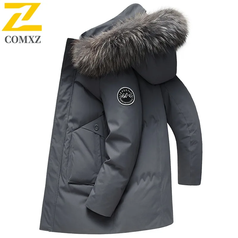 COMXZ Men Down Jacket 2025 Casual Hooded Commuting Office Lightweight Parka Solid Color Camping Windproof Warm Winter Coat