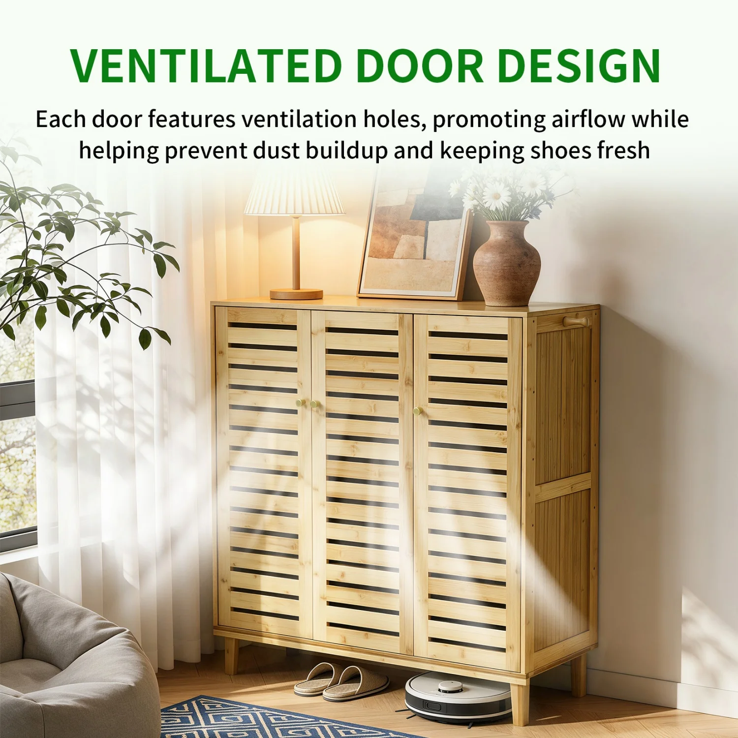 2 Or 3 Doors Bamboo Shoe Storage Cabinet 5 Tiered Shelves Organizer Rack for Entryways Hallways with Ventilated Slatted