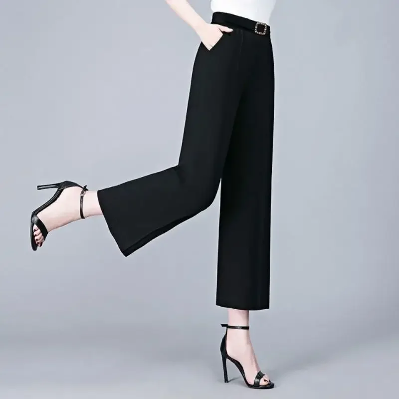 Fashion Ice Silk Wide Leg Trousers Womens Clothing Summer Thin Sagging Casual High Waist Loose Horn Vintage Cropped Pants