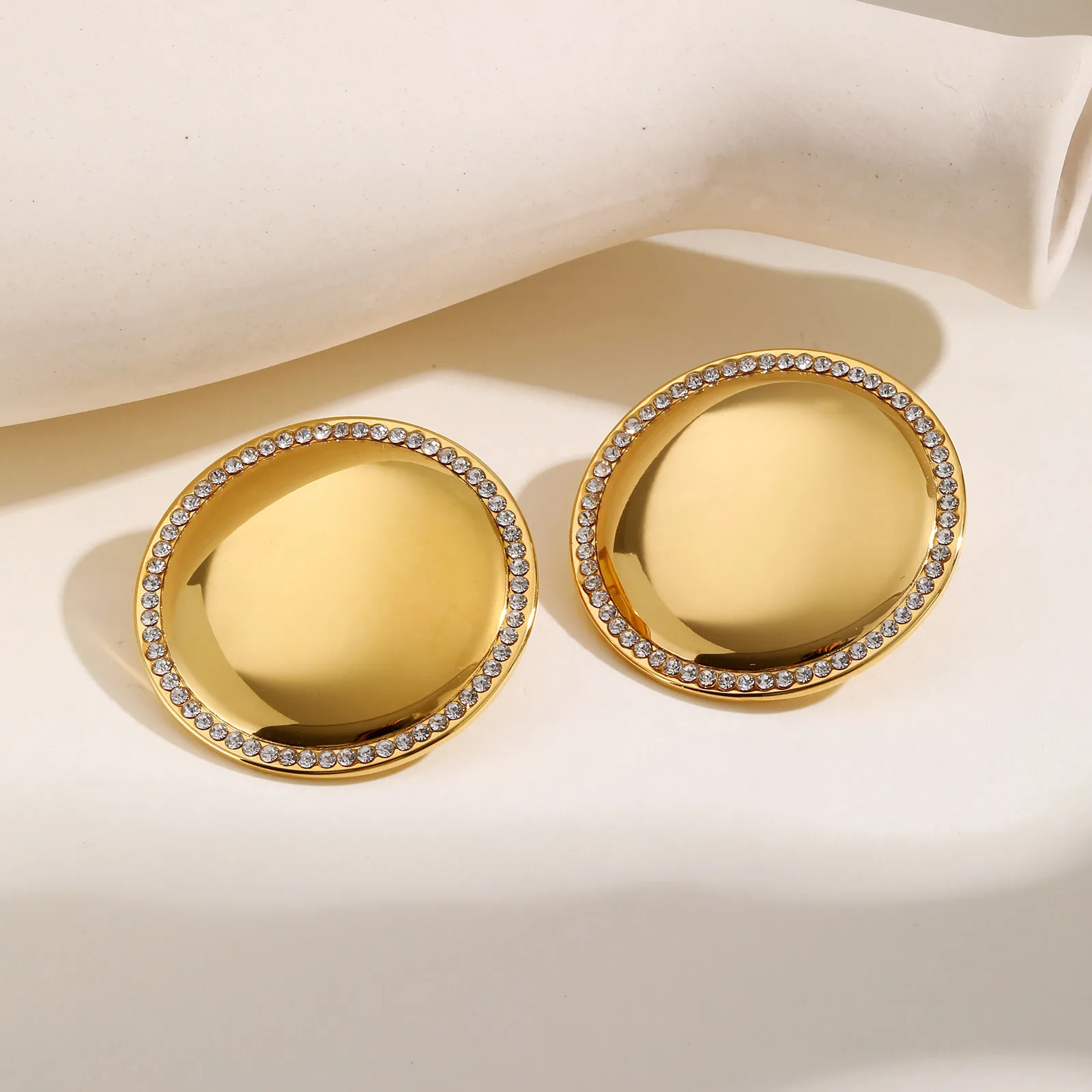 

Round Geometric Stud Earrings for Women, Zirconia Stainless Steel 18K Gold Plated High Polish Ear Jewelry