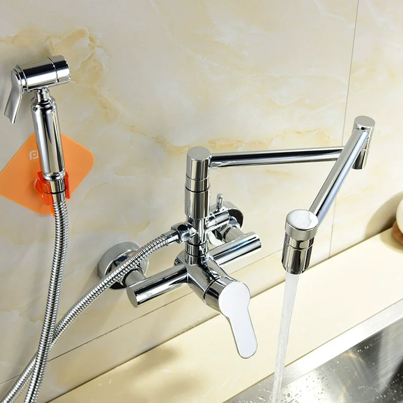 Foldable Kitchen Sink Mixer Chrome Finished  Hot and Cold Wall Mounted Foldable Rotation Basin Faucet