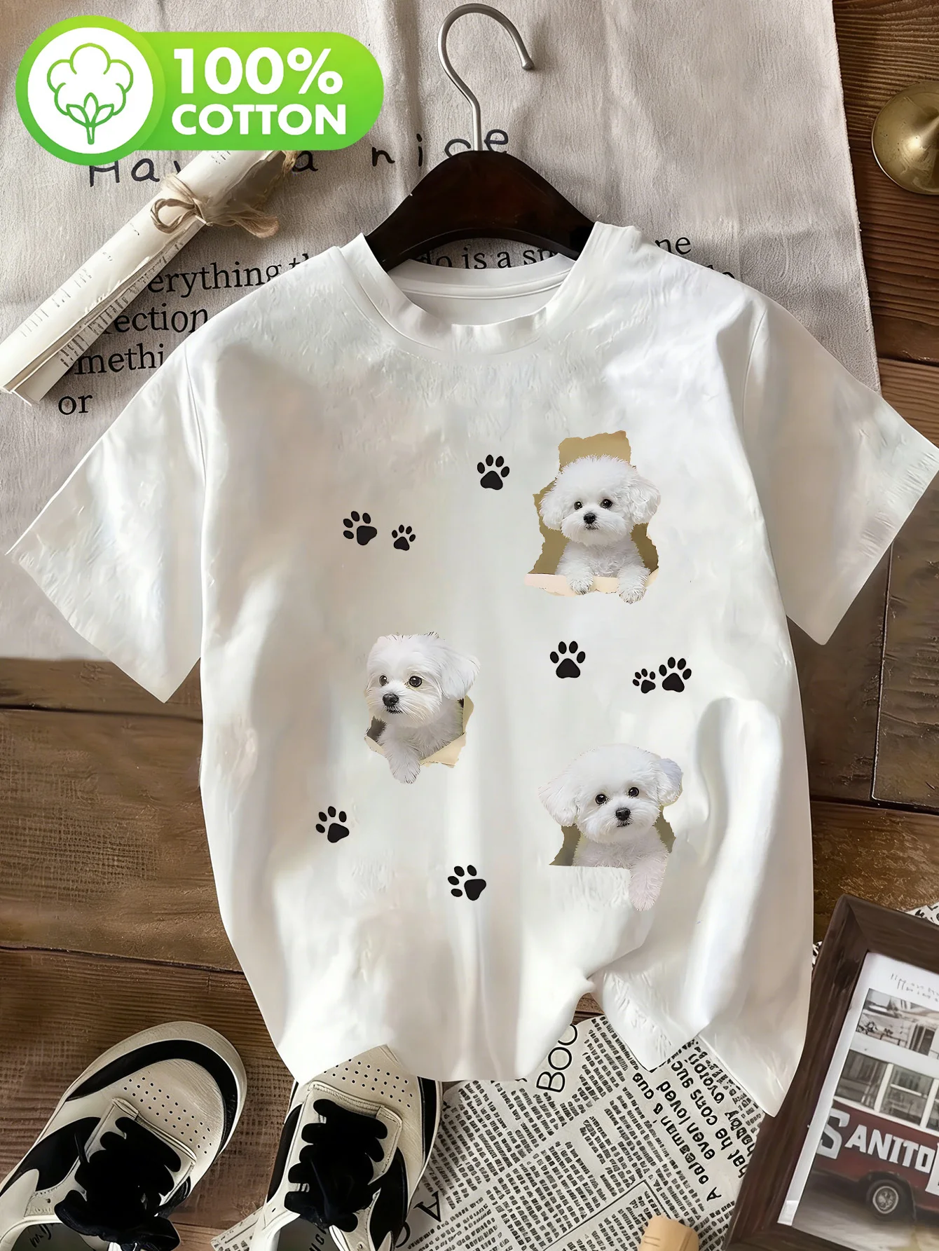 Ladies' Bichon Dog Fun Hole Printed T-shirt with Cute Dog Pattern Summer Daily Commuting Top Sweet Age Reducing Women's Clothing