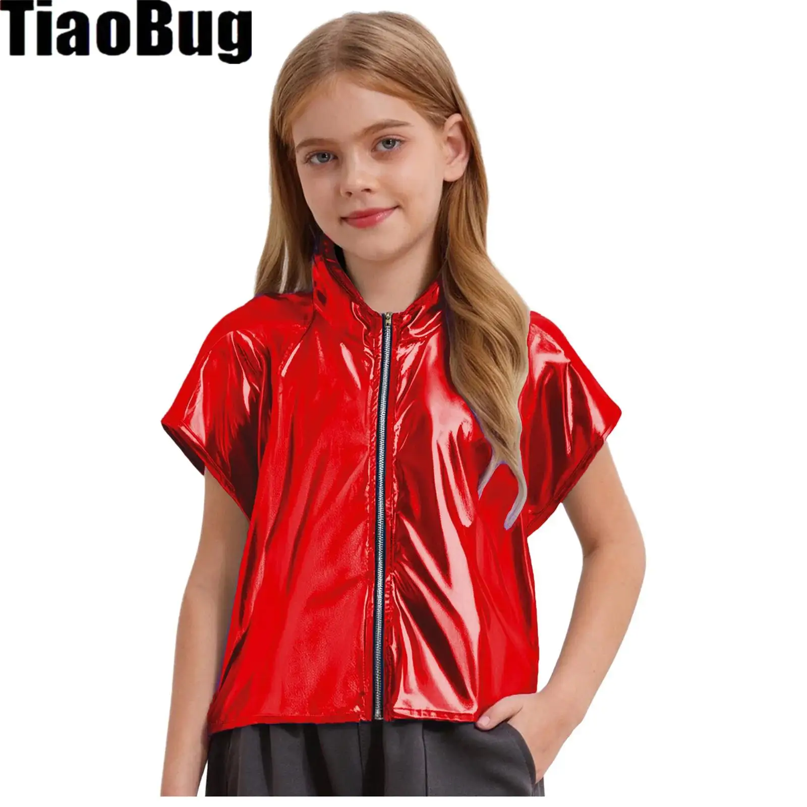 

Kids Boys Girls Metallic Hooded Vest Tops Sleeveless Zipper Shiny Hoodie for Jazz Dance Stage Performance