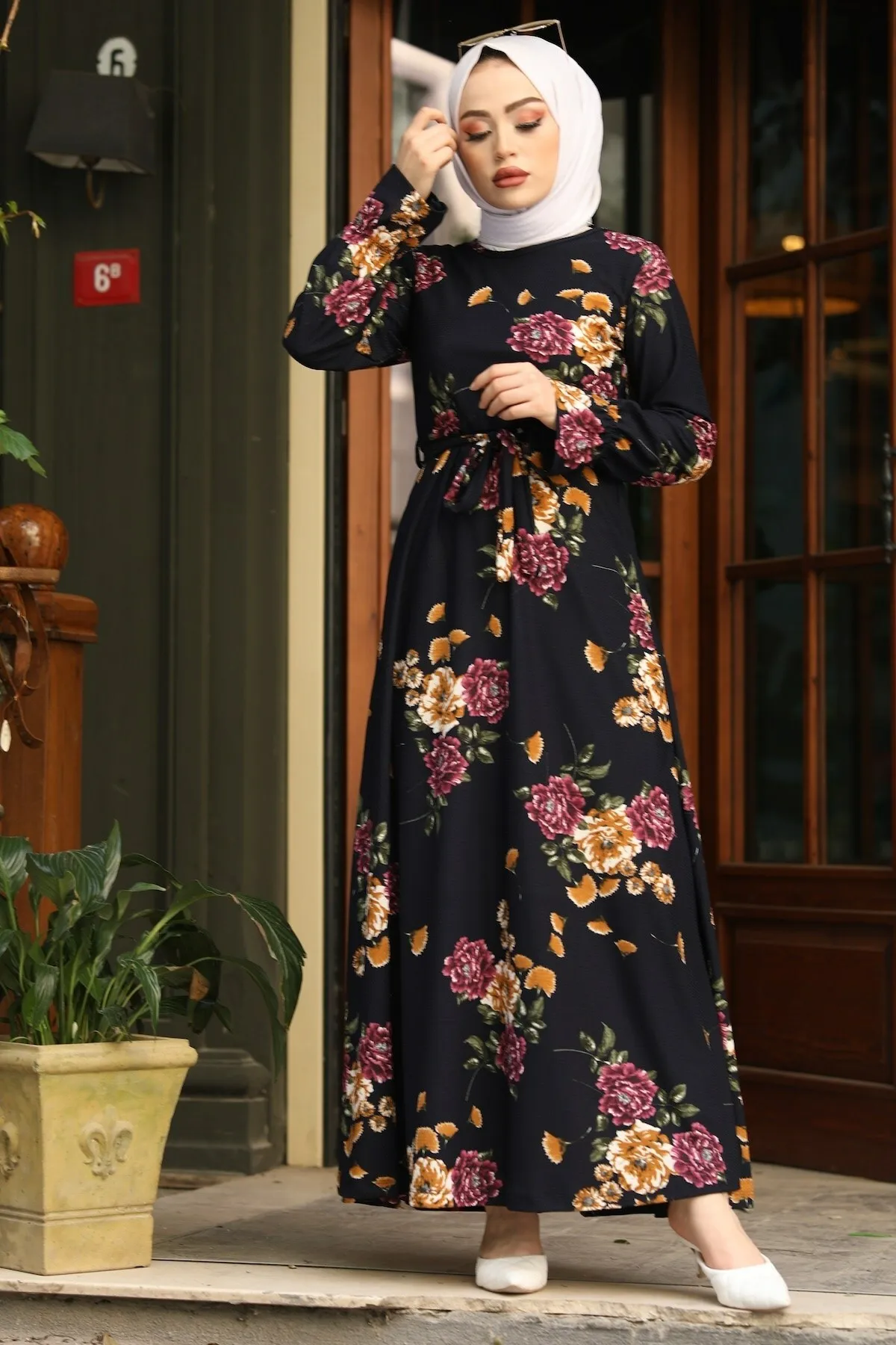 Floral Print Dress-navy blue Winter Autumn 2021 Muslim Women Hijab headscarf Islamic Turkey