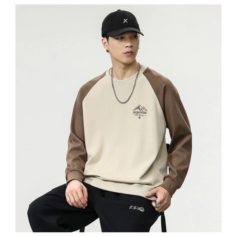 Fashion round Neck Sweater for Men 2024Fall Men's Clothing American Street Trend Stitching Casual Versatile Long Sleeves T-shirt