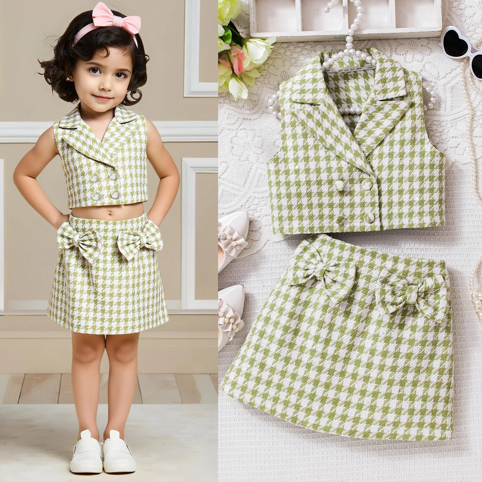 Summer Girl Clothes Set Houndstooth Plaid Sleeveless Jacket Vest Crop Top Bow Skirt Suits Toddler Preppy Boutique Kids Outfits