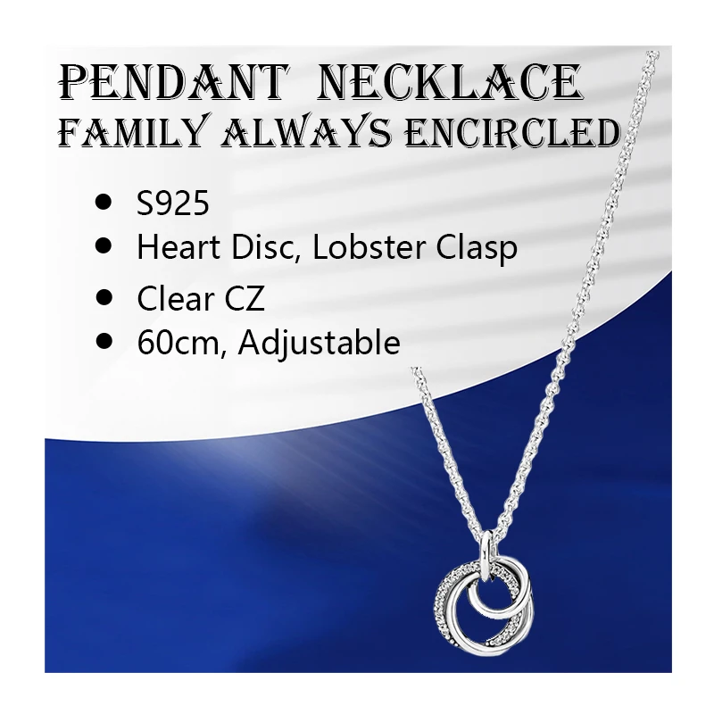 Family Always Encircled Pendants Necklaces For Women Jewelry Silver 925 Original Heart Disc Lobster Clasp Adjust Link Chain 60cm