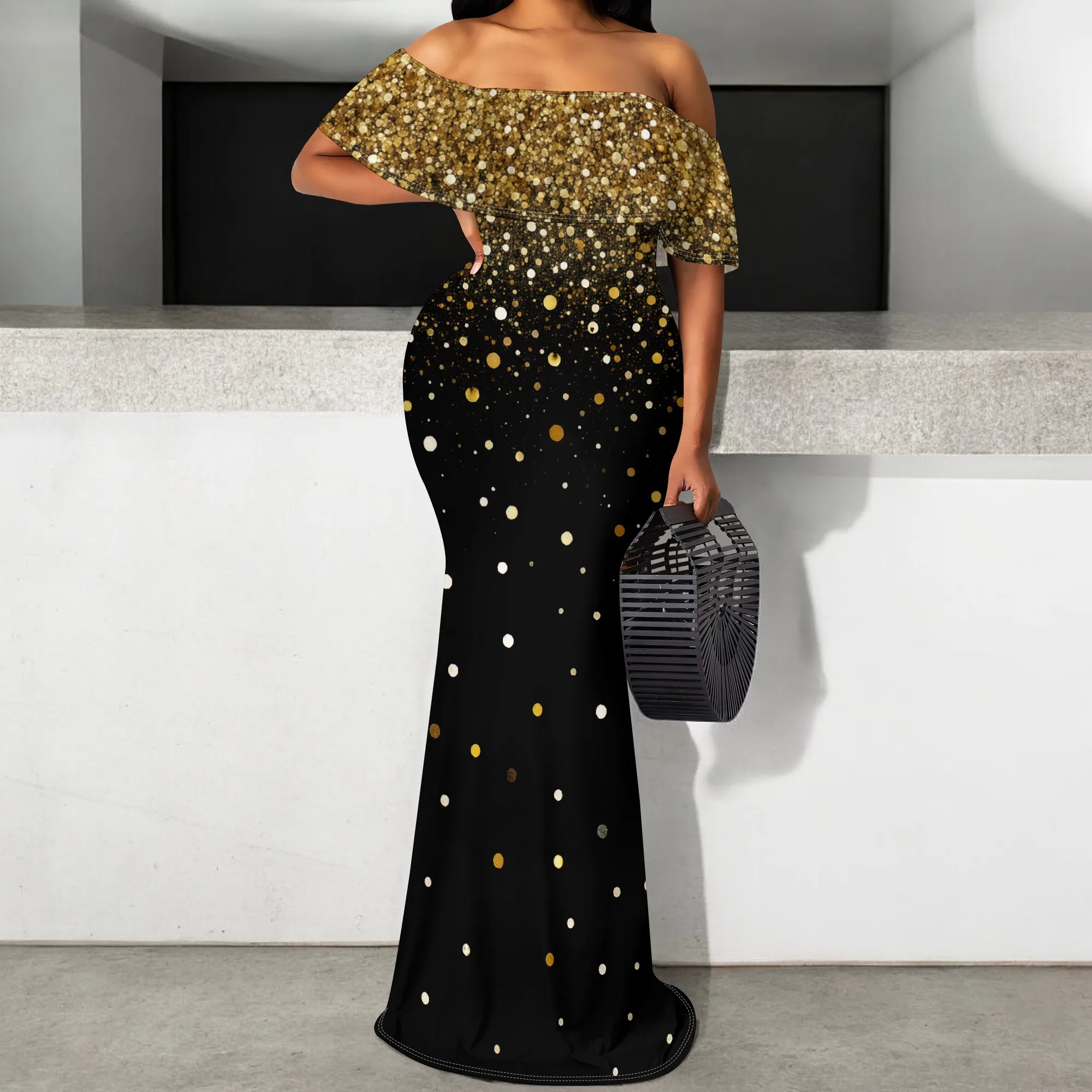 

Women's Gold Sequin Off-Shoulder Mermaid Dress Elegant New Year's Eve Party Gown Prom Evening Dresses S-3XL