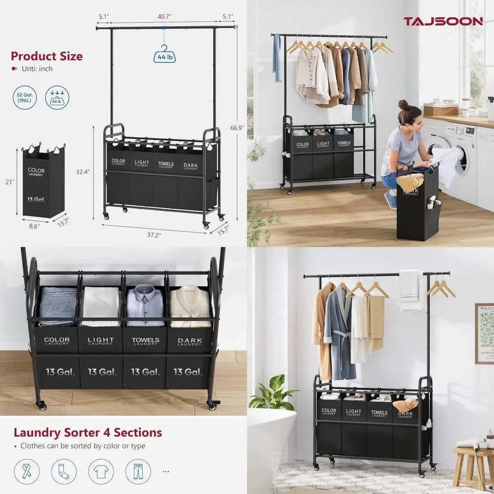 

Тележка-органайзер для сортировки белья с вешалкой для одежды, 4 корзины-органайзеры, тележка для белья с усиленными колесами и фиксатором