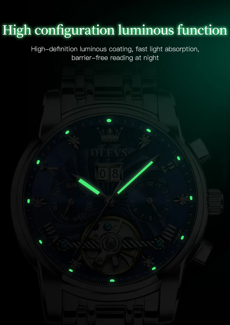 OLEVS 9910 Brand Original Authentic Watches for Man Luxury Gift Box Steel Belt Multifunctional Tourbillon Mechanical Men's Watch