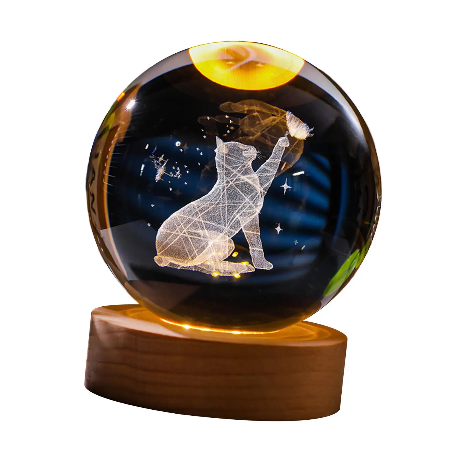 2.4inch 3D Artificial Crystal Ball Night Light Wooden Base Desk Decoration for Housewarming, Anniversary Gift Versatile Sturdy