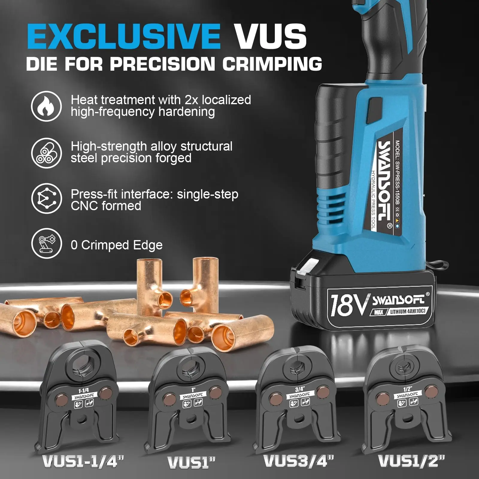 أداة تجعيد النحاس الهيدروليكية 32KN 18V 4Ah كهربائية مع 4 فكي 1/2 بوصة، 3/4 بوصة، 1 بوصة، 1-1/4 بوصة