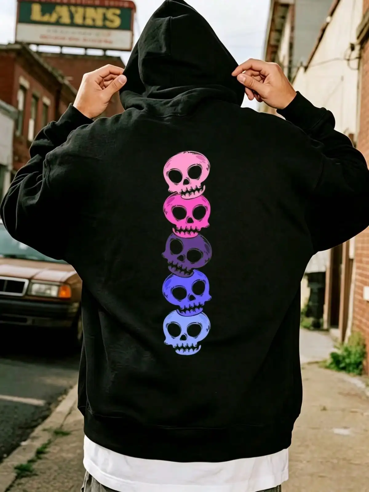 Mens Casual Simple Drawstring Hoodies, Colorful Stacked Skulls Back Print, Long Sleeve Sweatshirt Pullover With Pocket