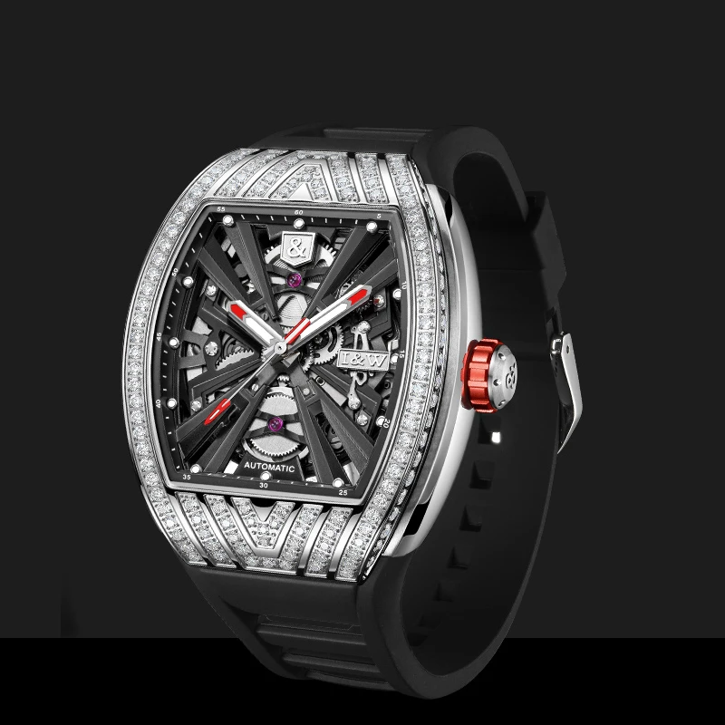 Carnival Men Automatic Watch 43mm Tonneau Mechanical Wristwatch Luminous 50m Waterproof Rubber Strap Zircon Bezel Skeleto