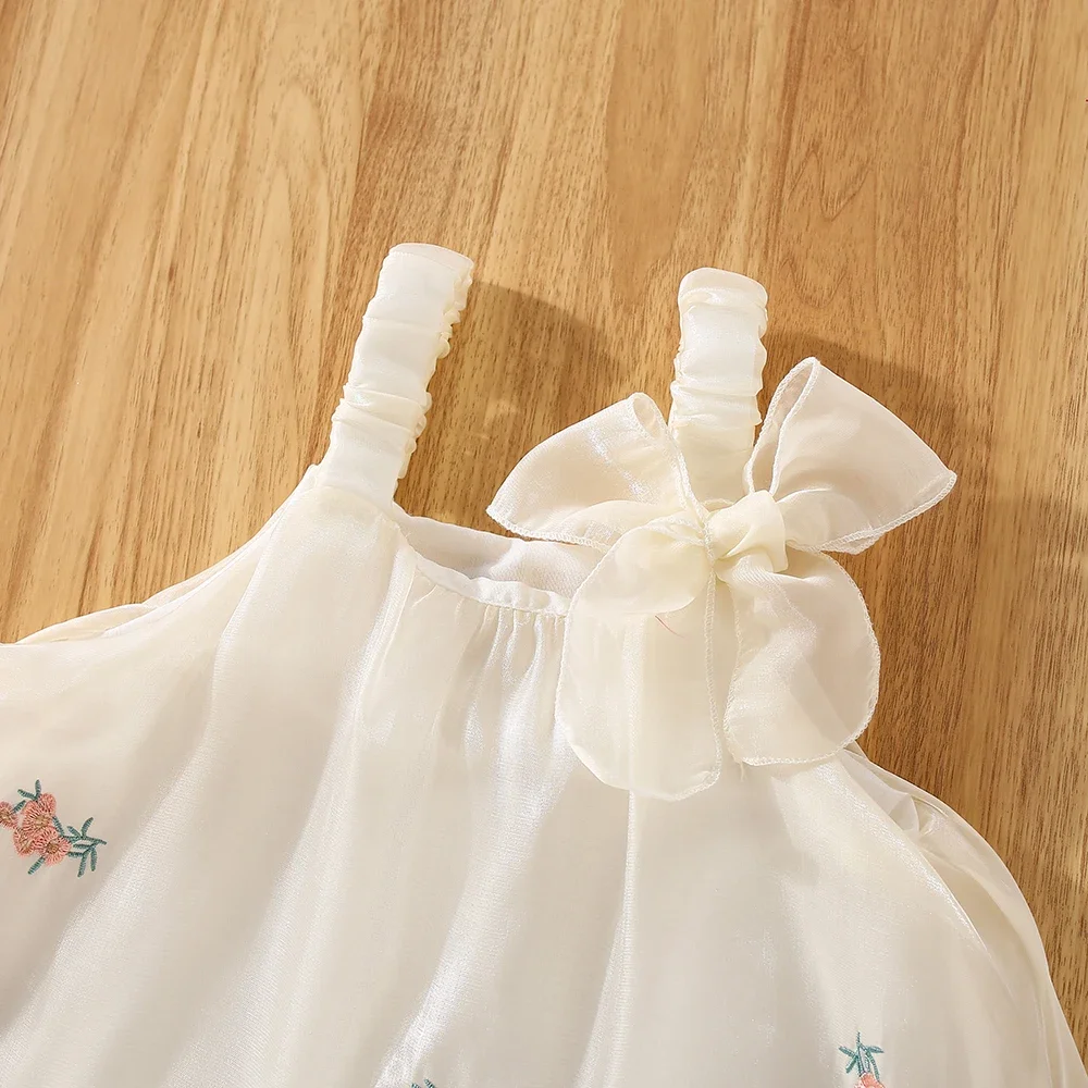 (Girls 0-3 Years Old) Summer New Girls Dress with Halter Bow Ribbon Shoulder Lace Ruffle Embroidery Flower Delicate Dress