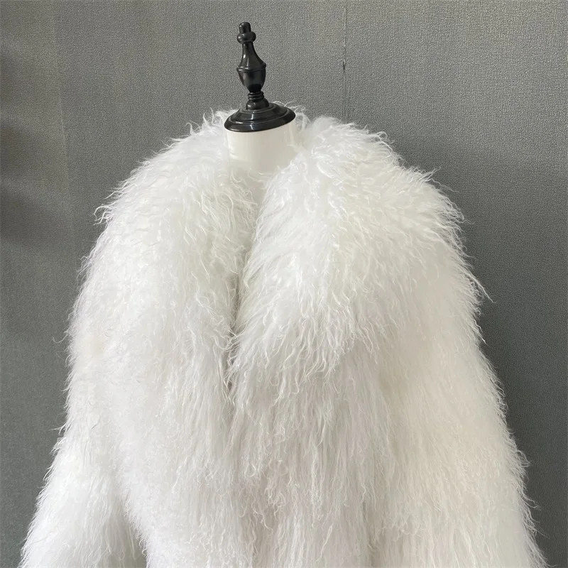 Abrigos de piel mongol para mujer, chaqueta con solapa de piel, elegante, blanco, esponjoso, sólido, grueso, cálido, de manga larga, Chic, de gran