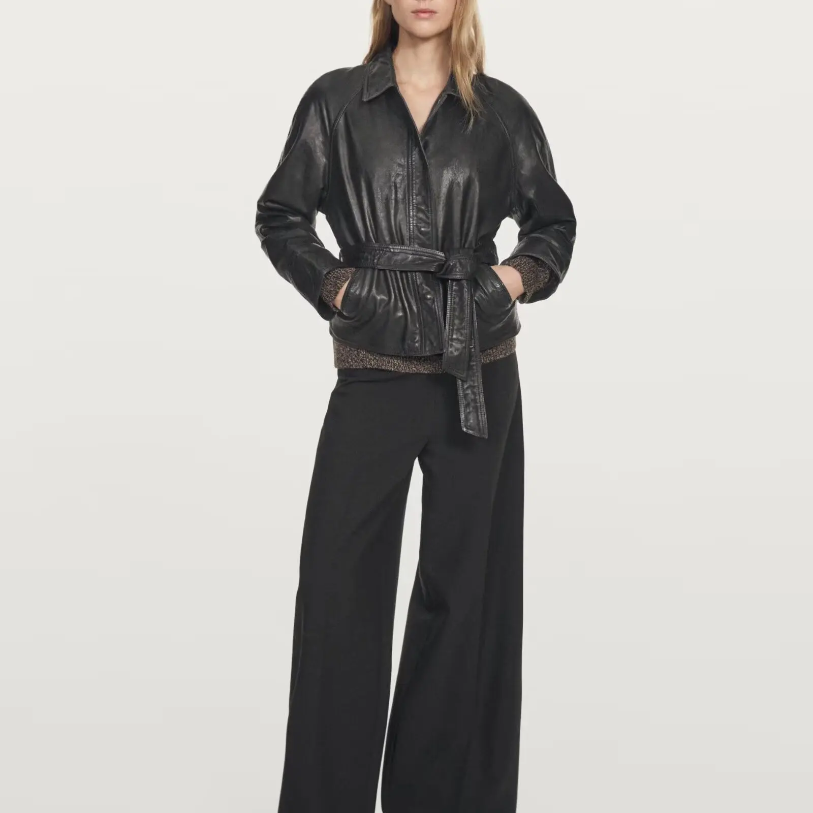 Autunno Inverno Nuovo Arrivo Donna Or Biker Jaet Cappotto in pelle PU con cintura Stand Fit Lungo Sve Colletto ribaltabile Fibra di poliestere