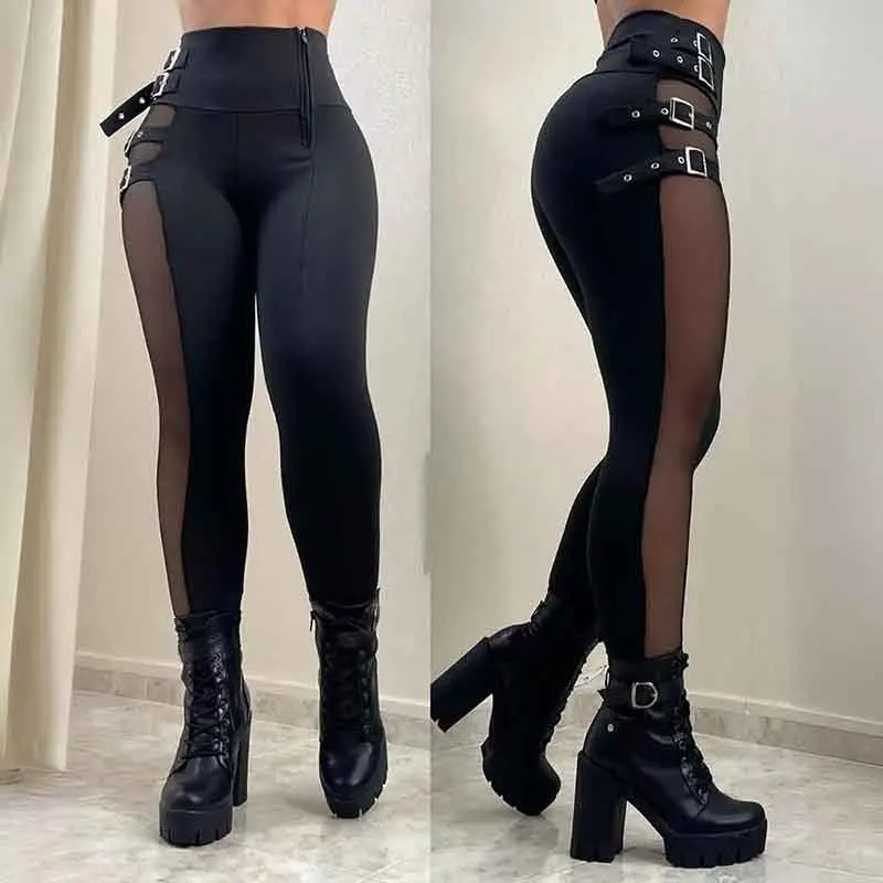 Black Mesh Slim Fit Trousers for Women 2024 New Spring Autumn High Waisted Streetwear Long Pants