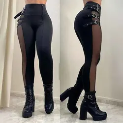 Black Mesh Slim Fit Trousers for Women 2024 New Spring Autumn High Waisted Streetwear Long Pants